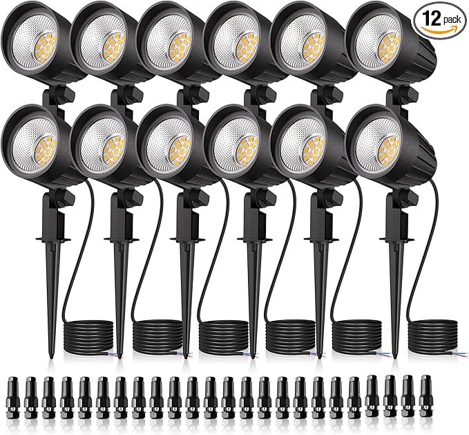 MEIKEE 7W LED Landscape Lights, 12V/24V Low Voltage Landscape Lighting IP66 Outdoor Spotlights Warm White Garden Lights with Connectors for Pathway Yard Patio 12 Pack