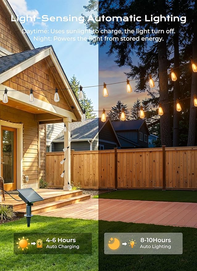 Brightown 151FT Solar String Lights Outdoor Waterproof, Patio Lights with Remote and 48+2 LED Shatterproof Bulbs, Dimmable & Timable, 3 Light Modes, Solar Lights Outdoor for Yard Camping Party Outside