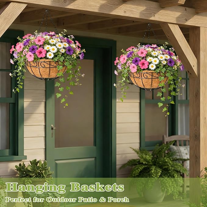 4 Pack 10 Inch Hanging Baskets for Plants Outdoor Metal Hanging Planter Hanging Flower Baskets with Coco Fiber Liners Chain Round Wire Plant Holder Hangings Flower Pots(Plaid)