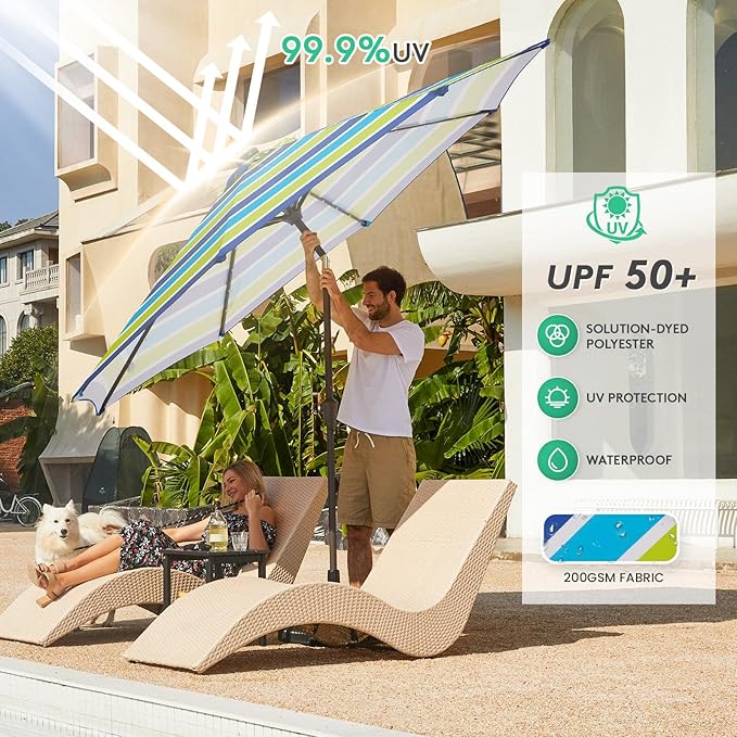JEAREY 9FT Outdoor Patio Umbrella with Solar Lights, LED Lighted Pool Umbrella with Tilt and Crank, Outdoor Table Umbrellas for Deck, Yard & Market (Blue Green Striped)