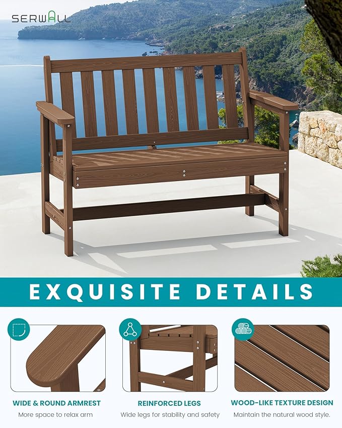 SERWALL Outdoor Bench, HDPE Outdoor Benches Weatherproof, 2-Person Garden Bench with 660 lbs Weight Capacity, Patio Benches for Outdoors, Garden, Porch, Backyard and Park, Brown, 4 Pack