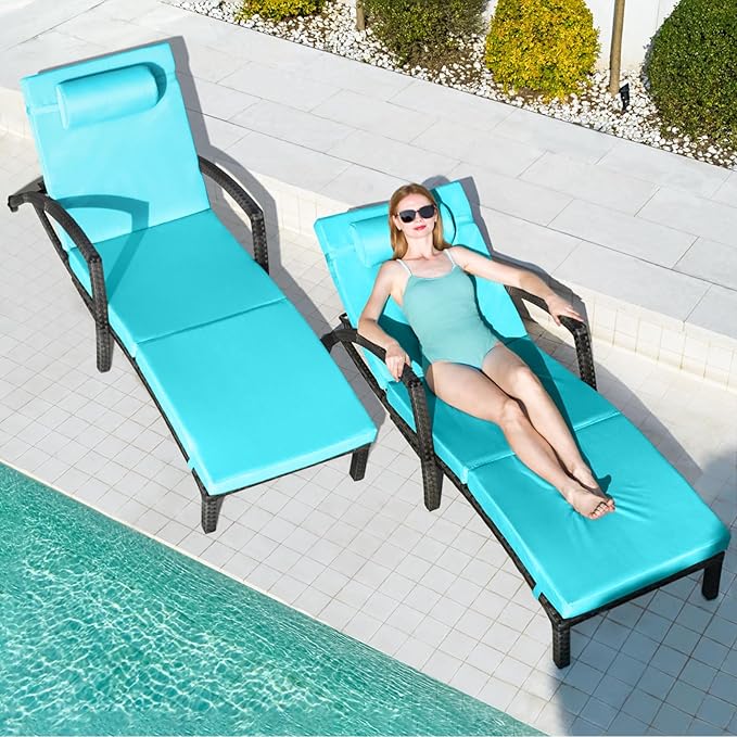 Chaise Lounge Chairs Outdoor Comfy Outside Wicker Patio Pool Lounge Chair w/ 5 Adjustable Back Angle Cup Holder Thicken Cushion