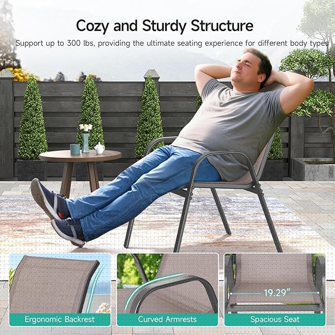Patio Chairs Set of 2, Easily Set Up Stackable Outdoor Dining Chairs with High Back and Wide Seat, All Weather Breathable Outdoor Chairs Set of 2 with Metal Frame for Backyard Deck Pool, Brown