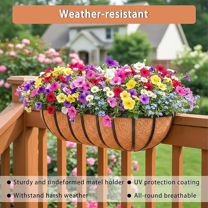 16'' Window Box Railing Planter with Coco Liner,4 Pack Horse Trough Planters Black Metal Hanging Flower Planters Basket for Porch Fence Patio Indoor Outdoor Lawn