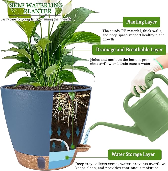 2 Pack 8 inch Plant Pots, Plastic Self Watering Planters with Drainage Holes, Deep Reservoir, Water Level Indicator, Modern Decorative Flower Pots for Indoor Outdoor Plants (Navy Blue, 8 inch)