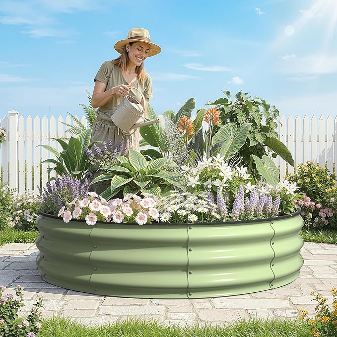 Kesfitt Round Raised Garden Bed, 4x4x1 FT Galvanized Steel Metal Garden Bed, Open-Bottom Design, 12-Inch Deep Outdoor Raised Garden Bed for Vegetables & Herbs, Fruit Green