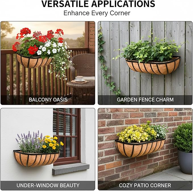 30“ Window Box Railing Planter with Coco Liner Metal Wall-Mounted Coconut Liner Planter Basket English Horse Trough Planters for Outdoor Deck Balcony Porch Fence Patio Black (4 Pack)