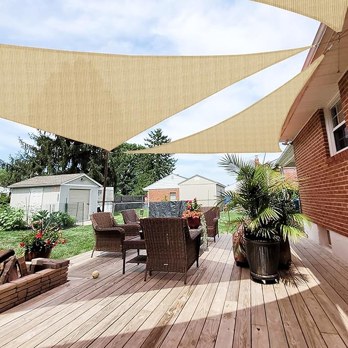 Patio Paradise 15' x 15' x 14'10" Sun Shade Sail Triangle Canopy, Permeable Shade Cloth Fabric Sunlight Block Patio Cover HDPE Deck Awning for Outdoor Backyard Pergolas Roof Shading, Sand