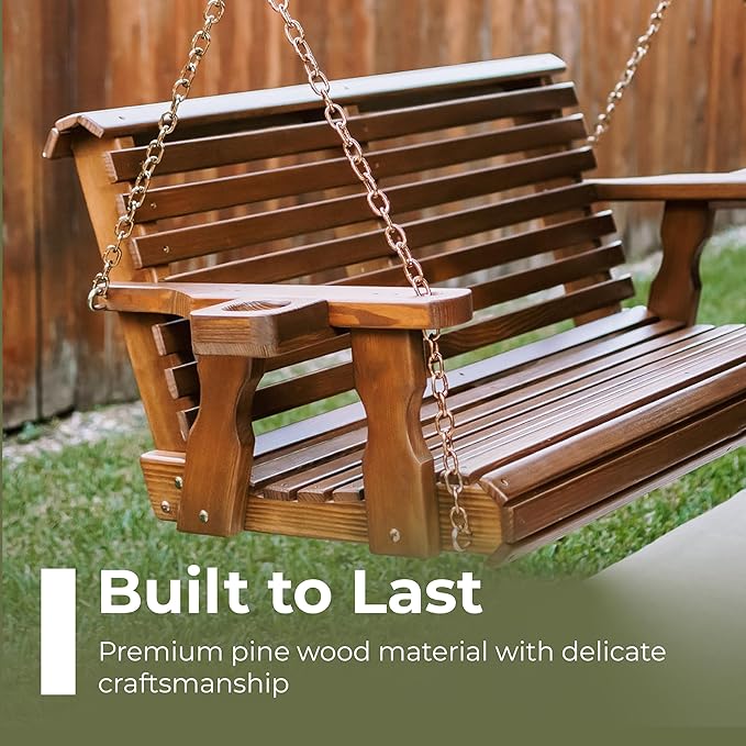 Amish Casual 5 Foot Roll Back Porch Swing with Cup Holders in Dark Walnut Stain - Amish Made in The USA from Treated Pine Heavy Duty 700 Lb. Weight Capacity