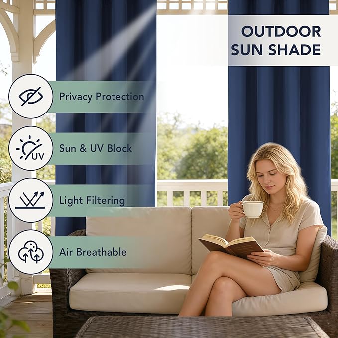 Patio Curtains Outdoor Waterproof - 6 Panels Privacy Weatherproof Outside Curtains with Grommets for Pergola, Gazebo, Porch, Cabana, Balcony, 54 x 95 Inch, Navy