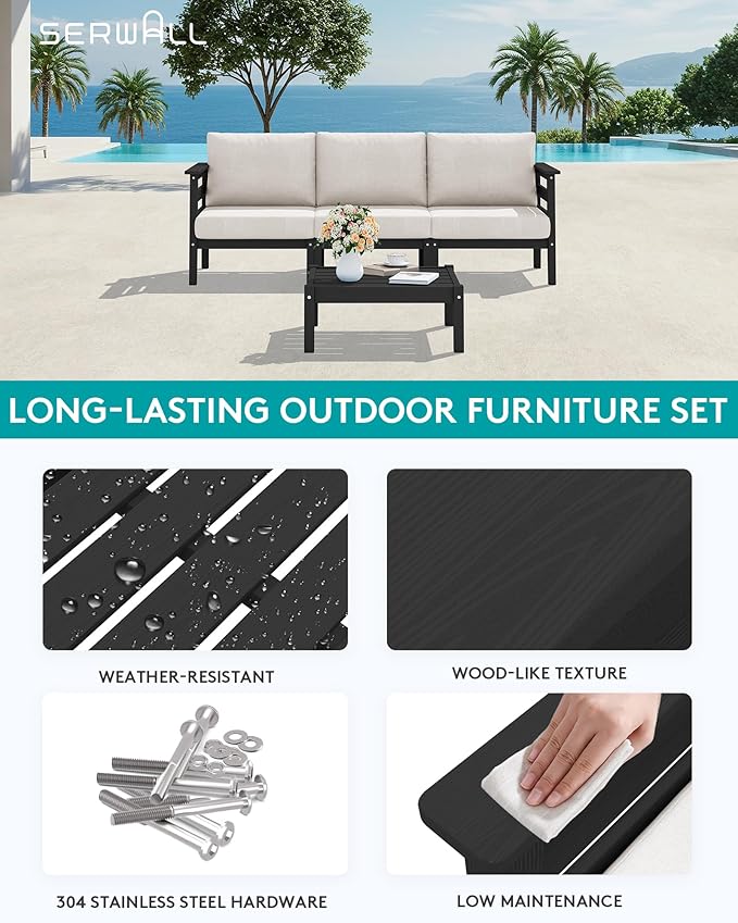 SERWALL HDPE Patio Furniture Set, 2 Pieces Outdoor Sectional Sofa Set, All-Weather Wood-Like Outdoor Sofa Couch with Coffee Table for Deck, Lawn, Black Frame with Khaki Cushion