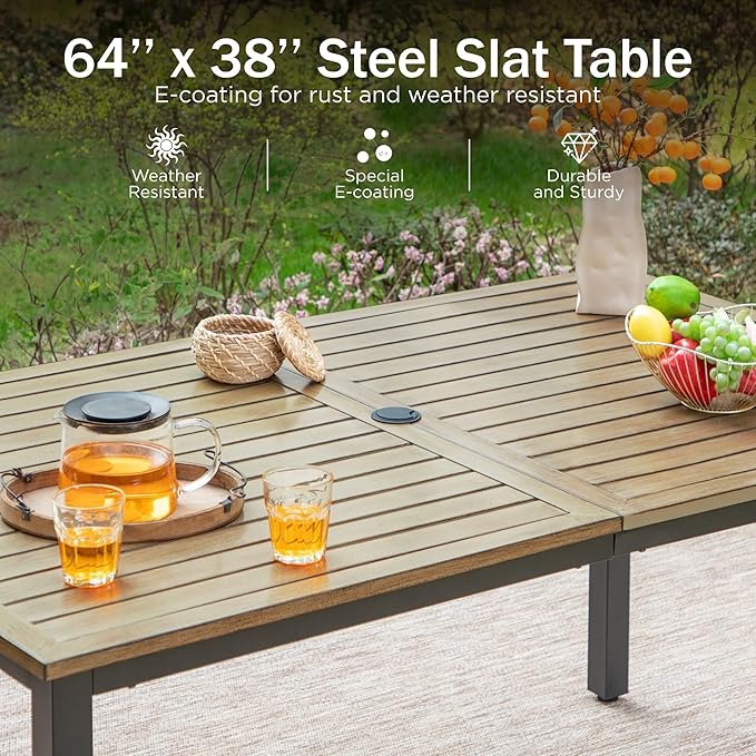 PHI VILLA 64" Rectangle Outdoor Dining Table, Patio Furniture Wood-Like Tabletop with Umbrella Hole for Patio Lawn Backyard Garden, Brown