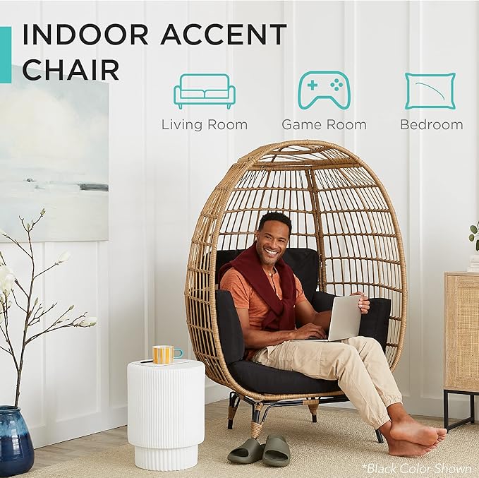 Best Choice Products Wicker Egg Chair, Oversized Indoor Outdoor Lounger for Patio, Backyard, Living Room w/ 4 Cushions, Steel Frame, 440lb Capacity - Navy