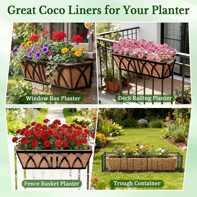 Halatool 2 Pack 30 Inch Window Box Liners Pre-Formed Trough Coconut Liner Natural Coco Fiber Liners for Planters Wall Hanging Basket Flower Pot Fence Railing