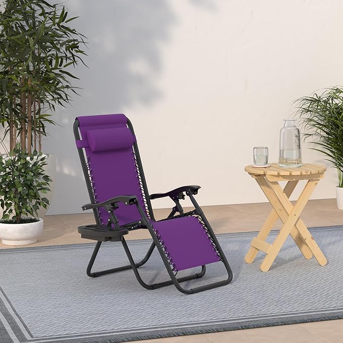 Best Choice Products Set of 2 Adjustable Steel Mesh Zero Gravity Lounge Chair Recliners w/Pillows and Cup Holder Trays - Amethyst Purple