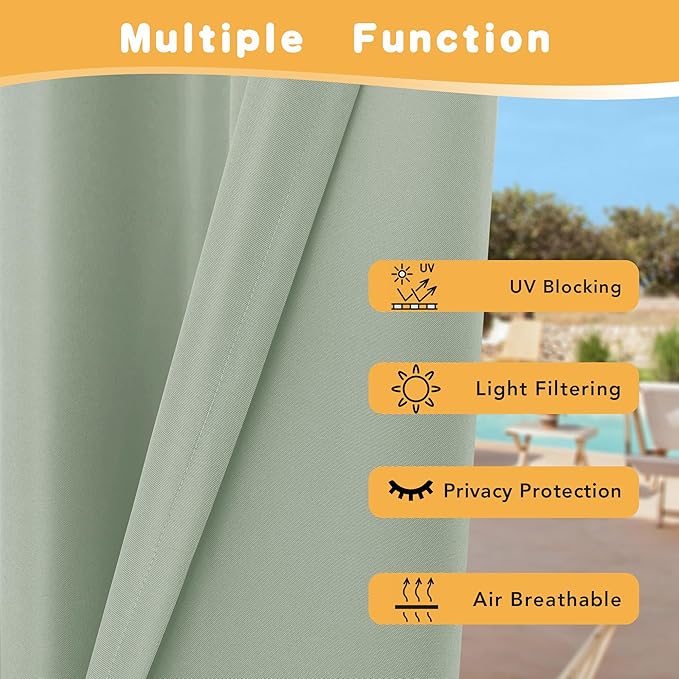 HolidayIdeas Outdoor Curtains for Patio Waterproof, 4 Panels - 54 x 120 Inch - Privacy Protection & Light Filtering Curtains Grommet Outside Curtains for Porch, Backyard (Sage Green)