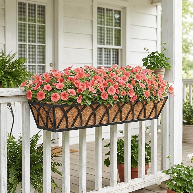 Y&M 30 Inch Fence Metal Hanging Flower Planter Window Basket Deck Railing Planter Boxes for Outdoor Garden Lawn, Window Deck with Coco Liner,6pcs
