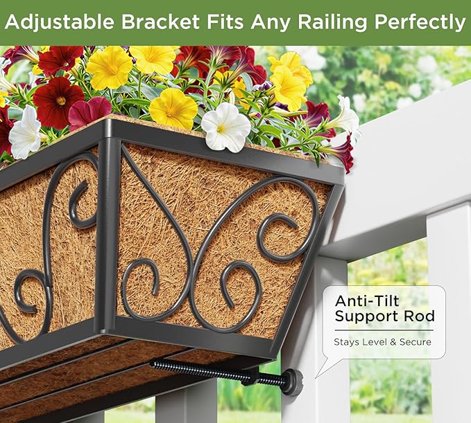 Y&M 24 Inch Window Deck with Coco Liner, Fence Metal Hanging Flower Planter Window Basket Deck Railing Planter Boxes for Outdoor Garden Lawn-Butterfly, 6pcs
