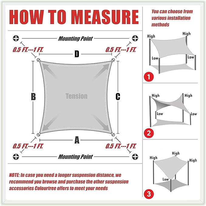 ColourTree TAPR1616 Custom Size 11' x 17' Black Sun Shade Sail Canopy UV Block UPF50 Rectangle - Commercial Standard Heavy Duty - 190 GSM - 3 Years Warranty