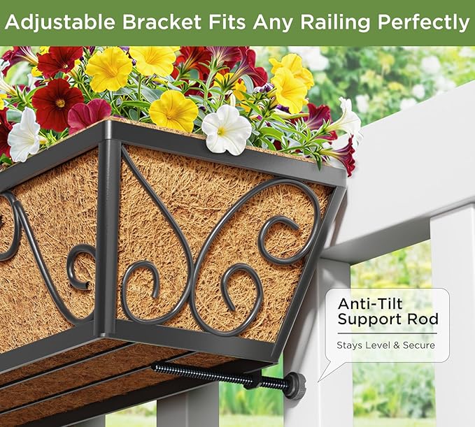 Y&M 30 Inch Window Deck with Coco Liner, Fence Metal Hanging Flower Planter Window Basket Deck Railing Planter Boxes for Outdoor Garden Lawn-Butterfly, 6pcs