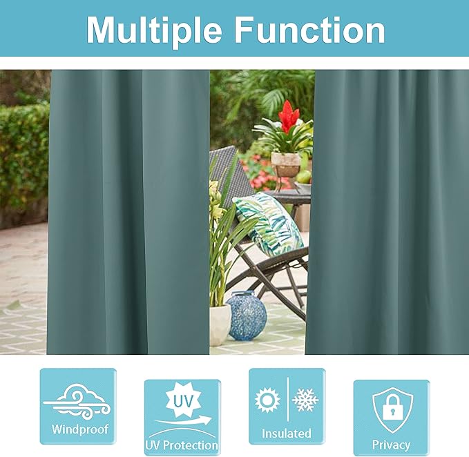 RYB HOME Outdoor Curtains for Patio, Waterproof Blackout UV Protection Outside Decor for Porch Swimming Pool Hut Garden Pavilion Pop Up Tent Pergola Balcony, W 52 x L 95, 1 Panel, Greyish Blue