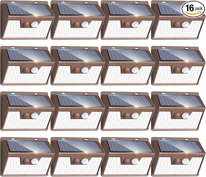 Peasur Brown Solar Lights Outdoor Motion Sensor 16 Pack, Ultra-Bright 3 Mode 140LED Fence Security Light Waterproof, Solar Wall Lighting for Patio Yard Step House Outside Cool White