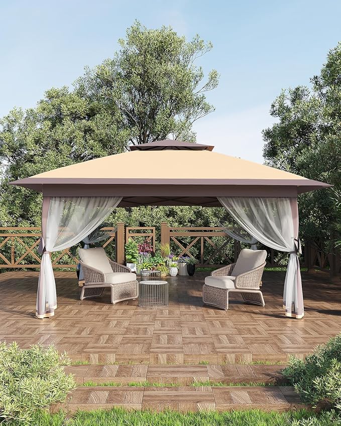 Canopy Tent 12x12 ft, Pop Up Gazebo One-Push Setup with 4 SandBags for Backyard Parties and BBQs, Mosquito Netting & Height Adjustable - Khaki & Coffee