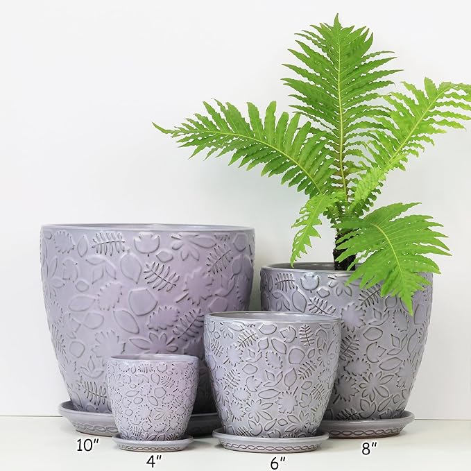 6 Inch Retro Ceramic Planter Set of 2 with Drainage Hole and Saucer for Plants, Indoor-Outdoor Garden Pots for Succulents, Orchids, and Flowers (Fits Inner Pots Up to 5 Inches, Light Blue)