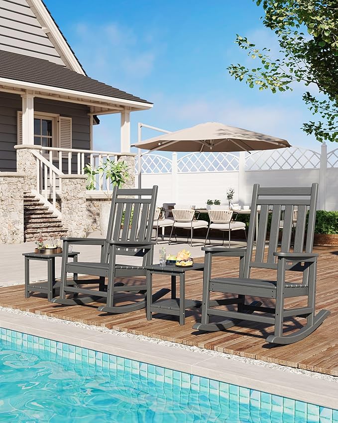 GarveeLife Poly Lumber Rocking Chair Outdoor Set of 4 with 2 Side Table - HDPE High Back Porch Rocker Chairs for Adults - All Weather Resistant Furniture for Patio - Gray