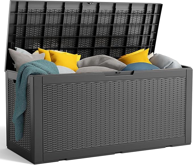 100 Gallon Resin Deck Box, Lockable Patio Outdoor Storage Box for Furniture, Garden Tools and Tools Storage, Waterproof Outside Storage Boxes - Black