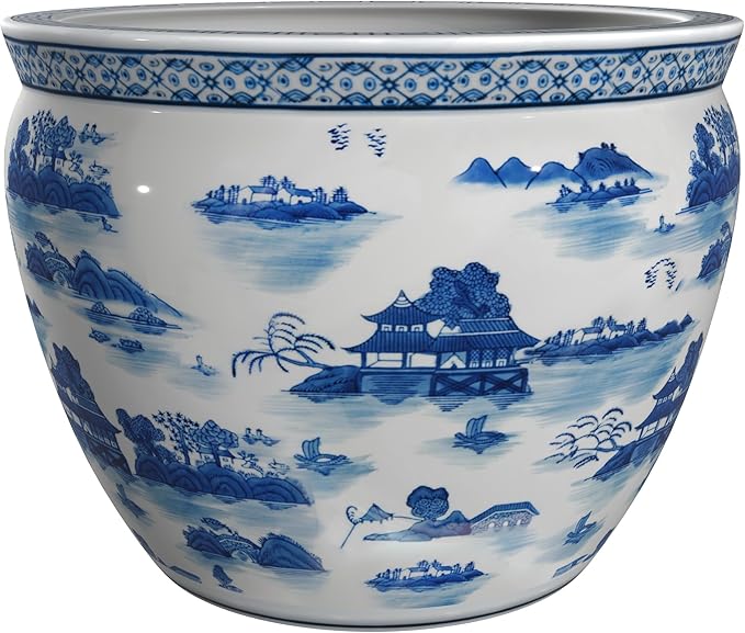 Red Lantern 18" Porcelain Fishbowl Blue & White Landscape Planter