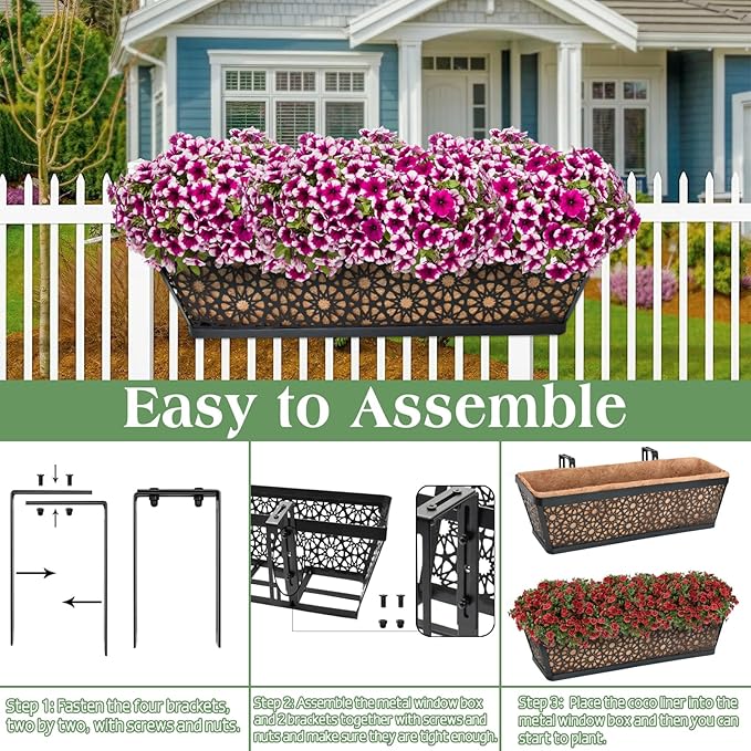 Halatool 2Pack 30 Inch Window Box with Coco Liner Sturdy Metal Railing Planter with Coconut Coir Basket Liners for Window Deck Fence Porch and Patio Outdoor Indoor Lawn