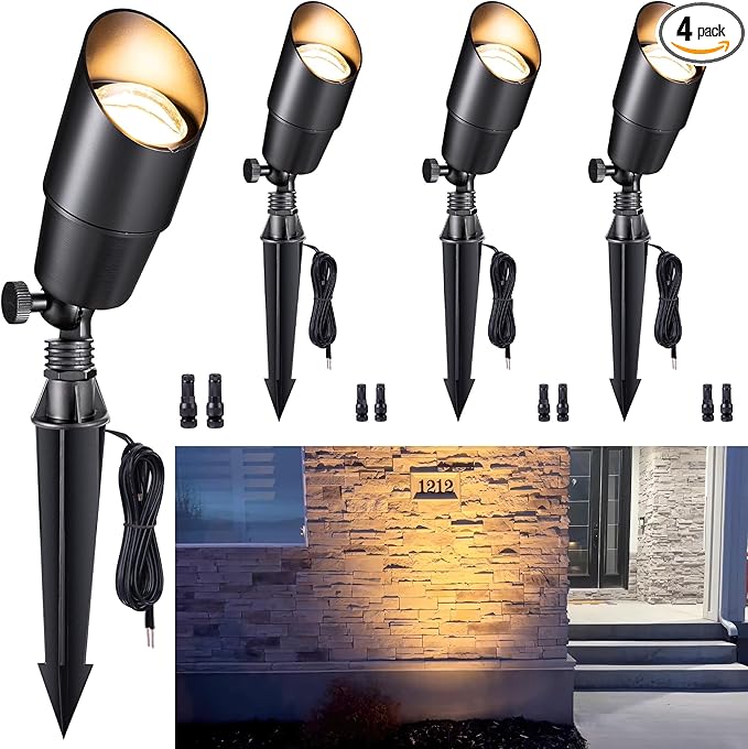 Gardenreet Brass Landscape Lighting - Black Outdoor Low Voltage Spotlights LED, 12V Wired Uplights, Waterproof Spot Lights for Outside Trees Without MR16 Bulb (4 Pack)