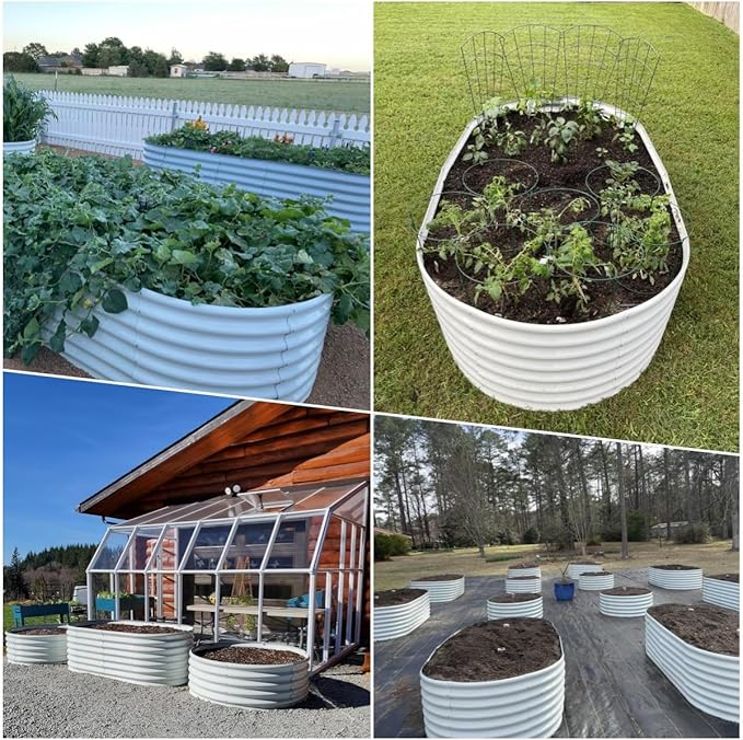 A ANLEOLIFE 8x4x2ft Galvanized Raised Garden Bed Kit, Oval Metal Deep Root Planters for Outdoor Plants Vegetables Flowers Herb, Large Bottomless, 478 Gallon Capacity- Antique White