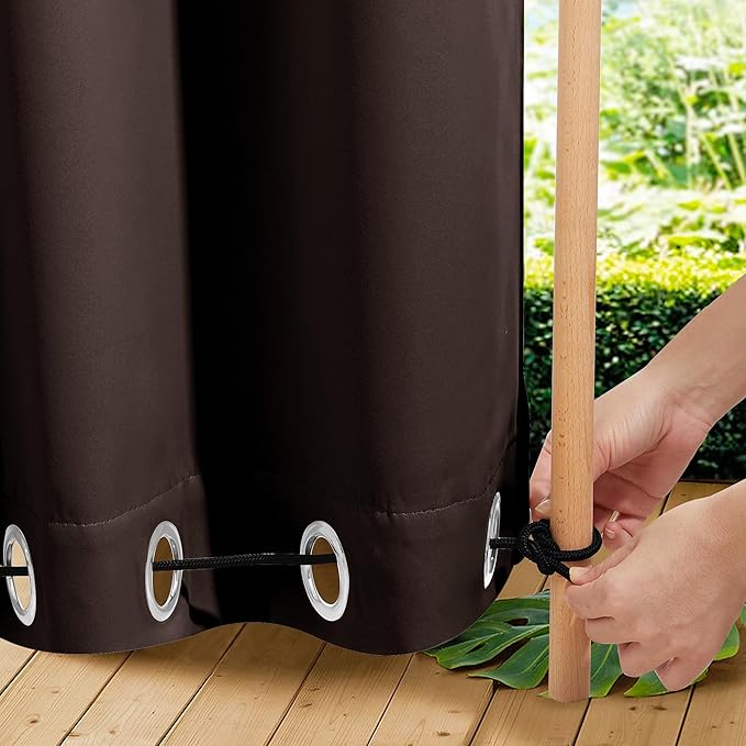 NICETOWN 2 Panels Weighted Outdoor Curtains for Patio Waterproof, Thermal Insulated Grommet & Back Tab on Top & Bottom Windproof Sun Blocking Draperies for Gazebo with Rope, Toffee Brown, W66 x L84