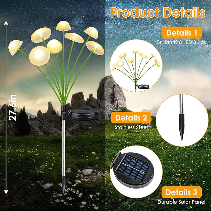 2PK 16LED Solar Garden Lights Outdoor, Mushroom Solar Lights Outdoor, IP65 Waterproof Firefly Light Outside Decor for Patio Pathway, Sway by Wind for Pathway Garden Mushroom Decorations, Warm White