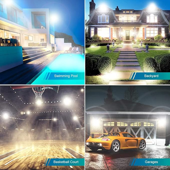 4 Pack 100W LED Flood Light,Super Bright Exterior Security Lights With Plug,IP66 Waterproof Outdoor Flood Light, 11600lm 5000K Daylight White Floodlight for Yard, Garden,Basketball Court, Arena
