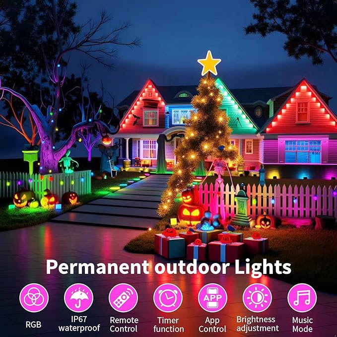 Permanent Outdoor Lights, 100ft Smart Eave Lights with RGB LED Light, IP67 Waterproof, App Control, DIY RGB Light for House Halloween Decorations