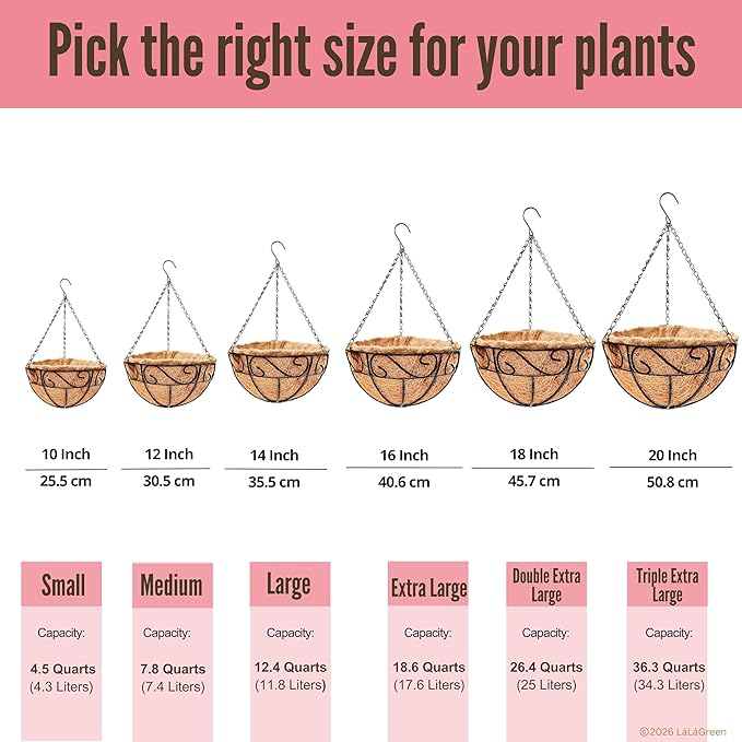 LaLaGreen Hanging Planter for Outdoor Plants (14 Inch, 6 Pack) Hanging Baskets with Coco Liner, Black Metal Wire Flower Basket Pots with Hook Hanger Balcony Porch Farmhouse Country Style Garden Decor