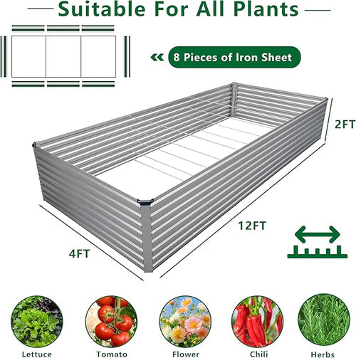12x4x2FT Galvanized Raised Garden Bed Kit,Vegetable Plant Boxes-Rectangle Metal Flower Box,Large Planter Raised Beds Outdoor Garden for Planting,Fruit,Herb-Silver