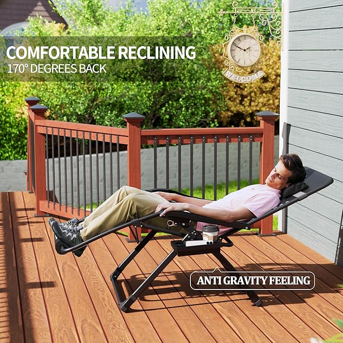 UDPATIO Oversized Zero Gravity Chair Set of 2, 29In XXL Patio Reclining Chair with Cushion, Outdoor Folding Recliner with Pillows|Cup Holder|Foot Rest|Padded Headrest, Burgundy, Support 500LB