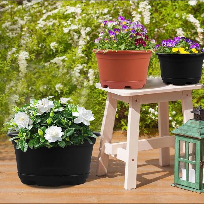 5 Pack 10.5 inch Plant Pots,Planter-Pots-for-Plants，Plastic Flower Pot for Indoor Outdoor Plants with Drainage Holes & Trays, Decorative Garden Containers Sets for Houseplants