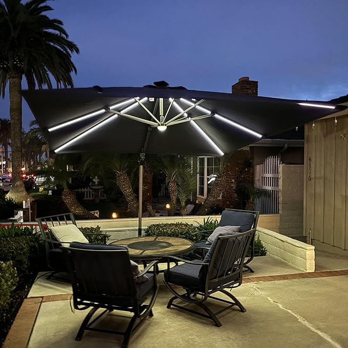 PURPLE LEAF 10 Feet Patio Umbrella with Base Outdoor Cantilever Solar Powered LED Square Umbrella Aluminum Offset Umbrella with 360-degree Rotation for Garden Deck Pool Patio, Grey