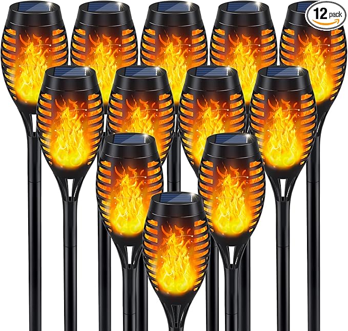 IkeeRuic Solar Flame Torch Lights for Outdoor Decoration, 12Pack Outdoor Lights Solar Powered Waterproof, LED Torches for Outside Decor, Luces Solares Outdoor Decorations for Yard Patio Garden Art