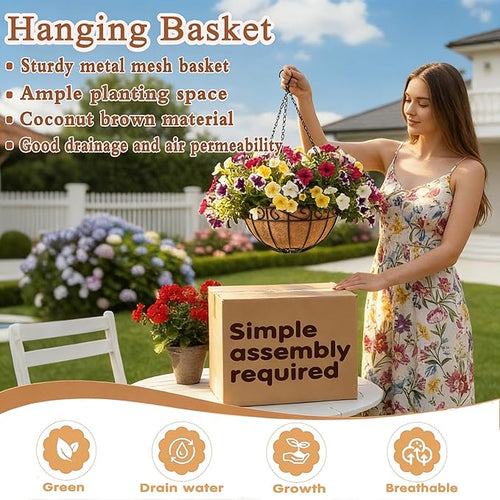 14 inch Metal Hanging Baskets For Plants Outdoor 4 Pack Round Metal Wire Hanging Basket Planter with Coco Fiber Liners Chain Round Wire Plant Holder for Garden, Patio, Deck, Porch Plants Flower Potss