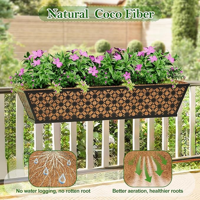 SPECILITE 24" Window Boxes Planters, Heavy Duty Metal Railing Planter Boxes, Adjustable Balcony Planters for Railing Hanging, with Coco Liner & Tool Set for Deck, Porch, and Patio Gardening (2 Pack)