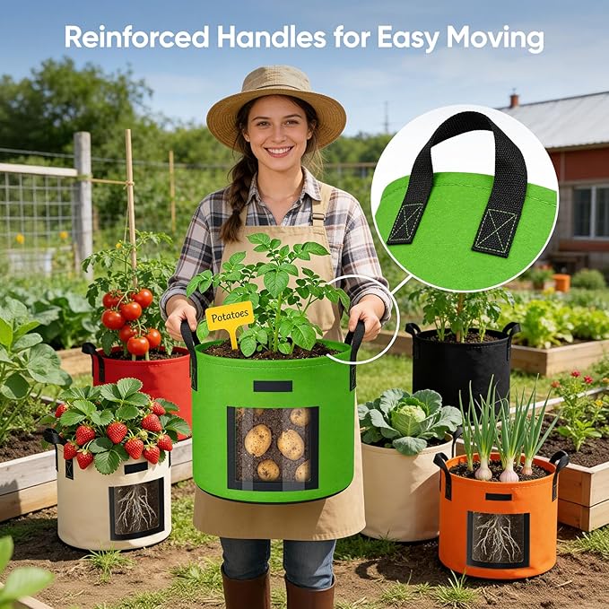 15 Gallon Potato Grow Bags: Set of 5 Colorful Gardening Supplies Fabric Pots with Harvest Window Reinforced Handles - Planting Container for Vegetable Tomatoes Carrot Flowers Balcony Patio Use