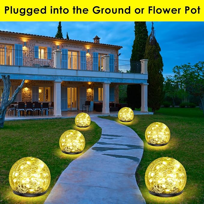 2 Pack 60 LED Solar Garden Lights Outdoor Decoration, Cracked Glass Solar Globe Lights, Upgraded Waterproof Warm White Ball Lights for Yard Pathway Patio Halloween Christmas Outside Decor