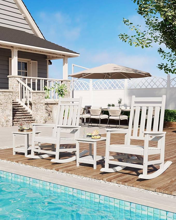 GarveeLife Poly Lumber Rocking Chair Outdoor Set of 6 - HDPE High Back Porch Rocker Chairs for Adults - All Weather Resistant Furniture for Patio - White
