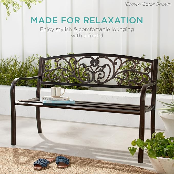 Best Choice Products Outdoor Bench Steel Garden Patio Porch Furniture for Lawn, Park, Deck w/Floral Design Backrest, Slatted Seat - Mint Green